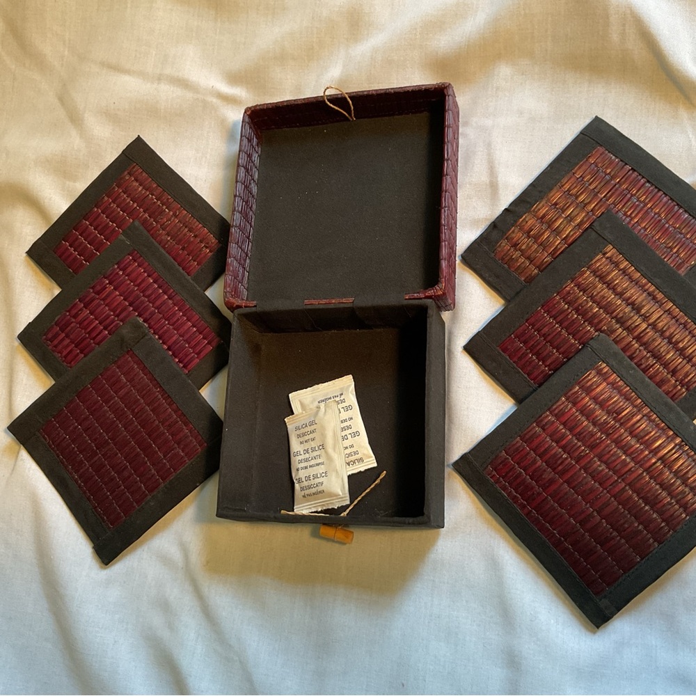 Elegant Burgundy Woven Bamboo and Black Fabric (6) piece Boxed 4” Coaster Set